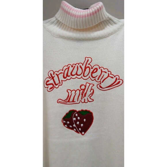 Strawberry Milk Turtleneck Sweater White Pink Kawaii Y2K Anime Style Large Mint - Picture 4 of 5